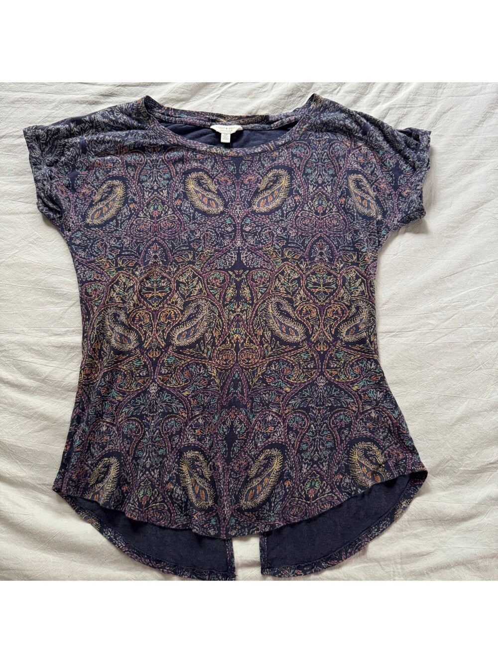 Lucky Brand Paisley Split Back Tee Top Womens S Navy Blue Cuffed Cap Sleeve Boho